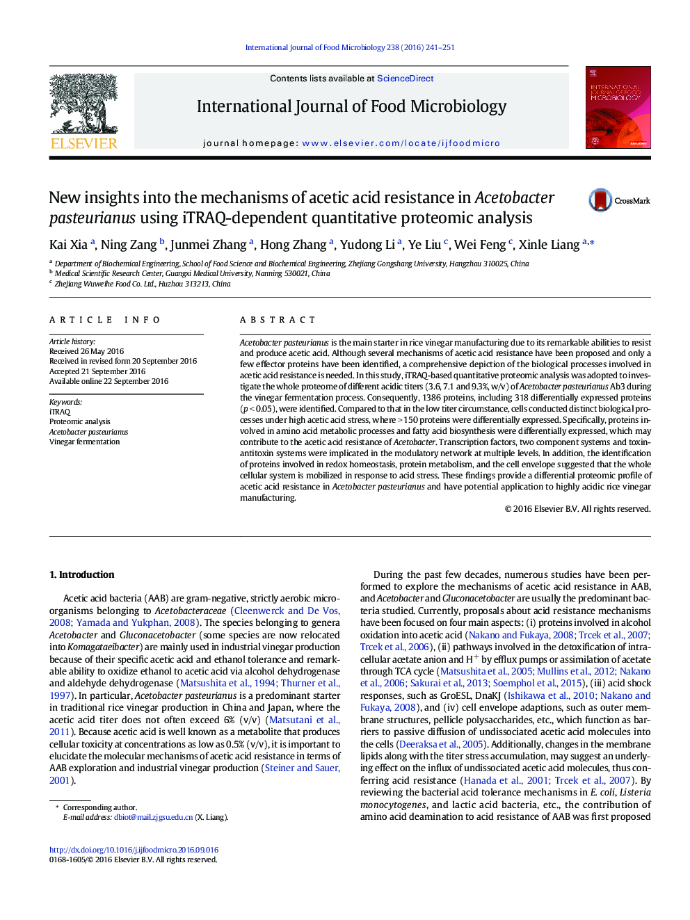 New insights into the mechanisms of acetic acid resistance in Acetobacter pasteurianus using iTRAQ-dependent quantitative proteomic analysis