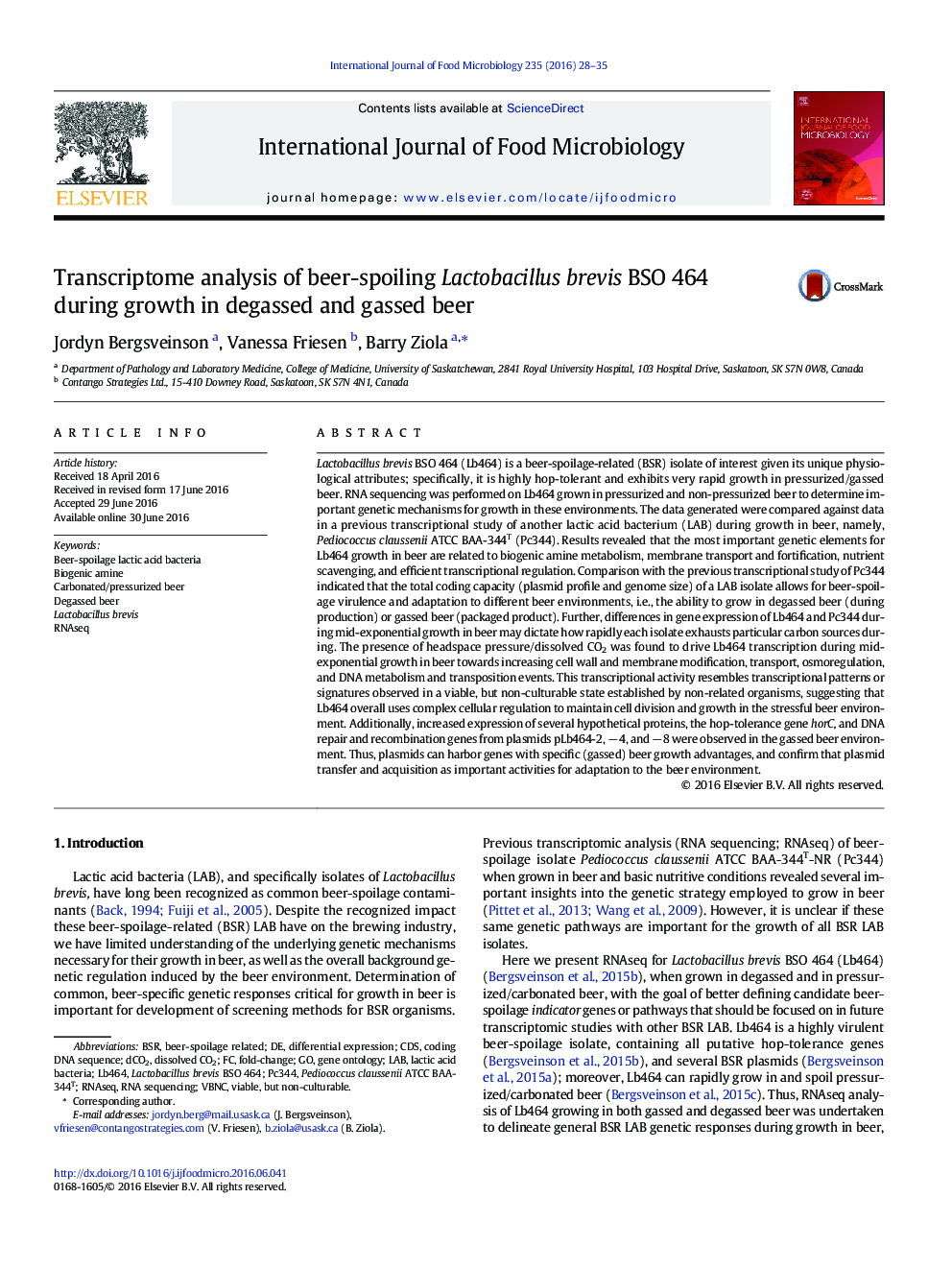 Transcriptome analysis of beer-spoiling Lactobacillus brevis BSO 464 during growth in degassed and gassed beer