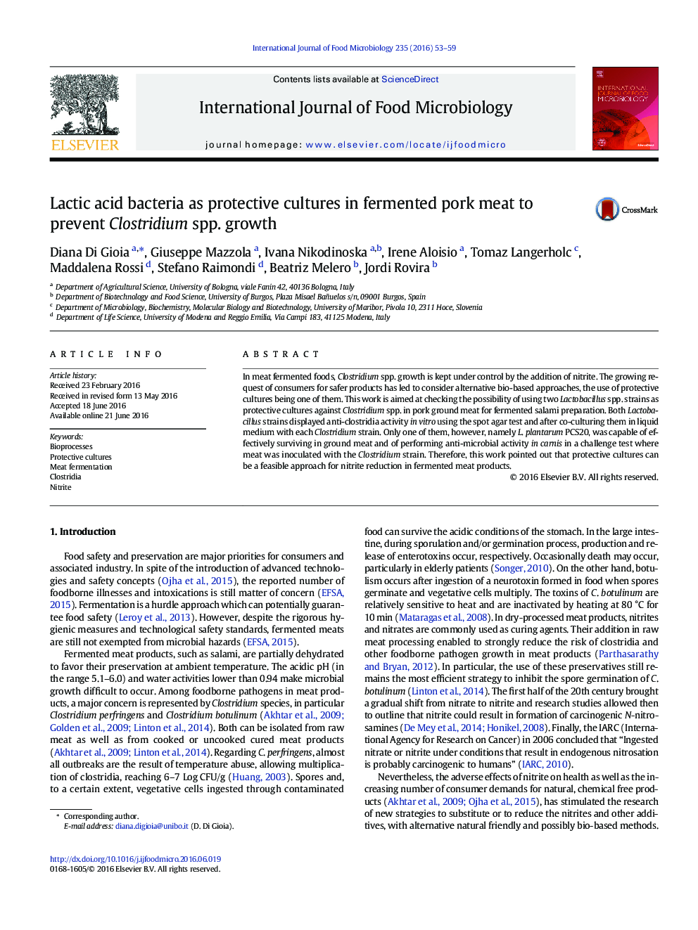 Lactic acid bacteria as protective cultures in fermented pork meat to prevent Clostridium spp. growth