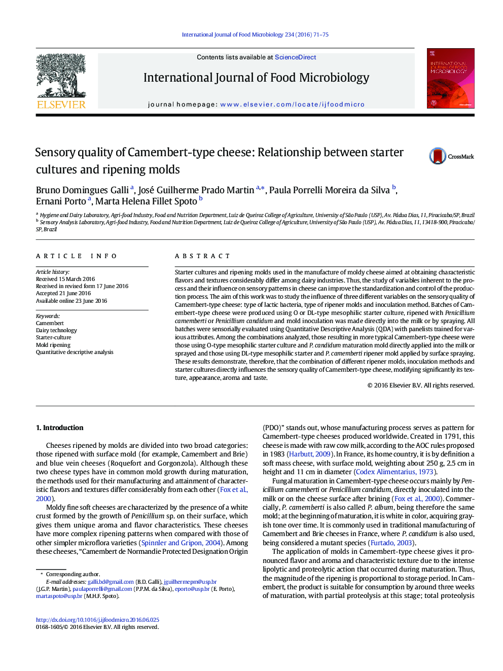 Sensory quality of Camembert-type cheese: Relationship between starter cultures and ripening molds