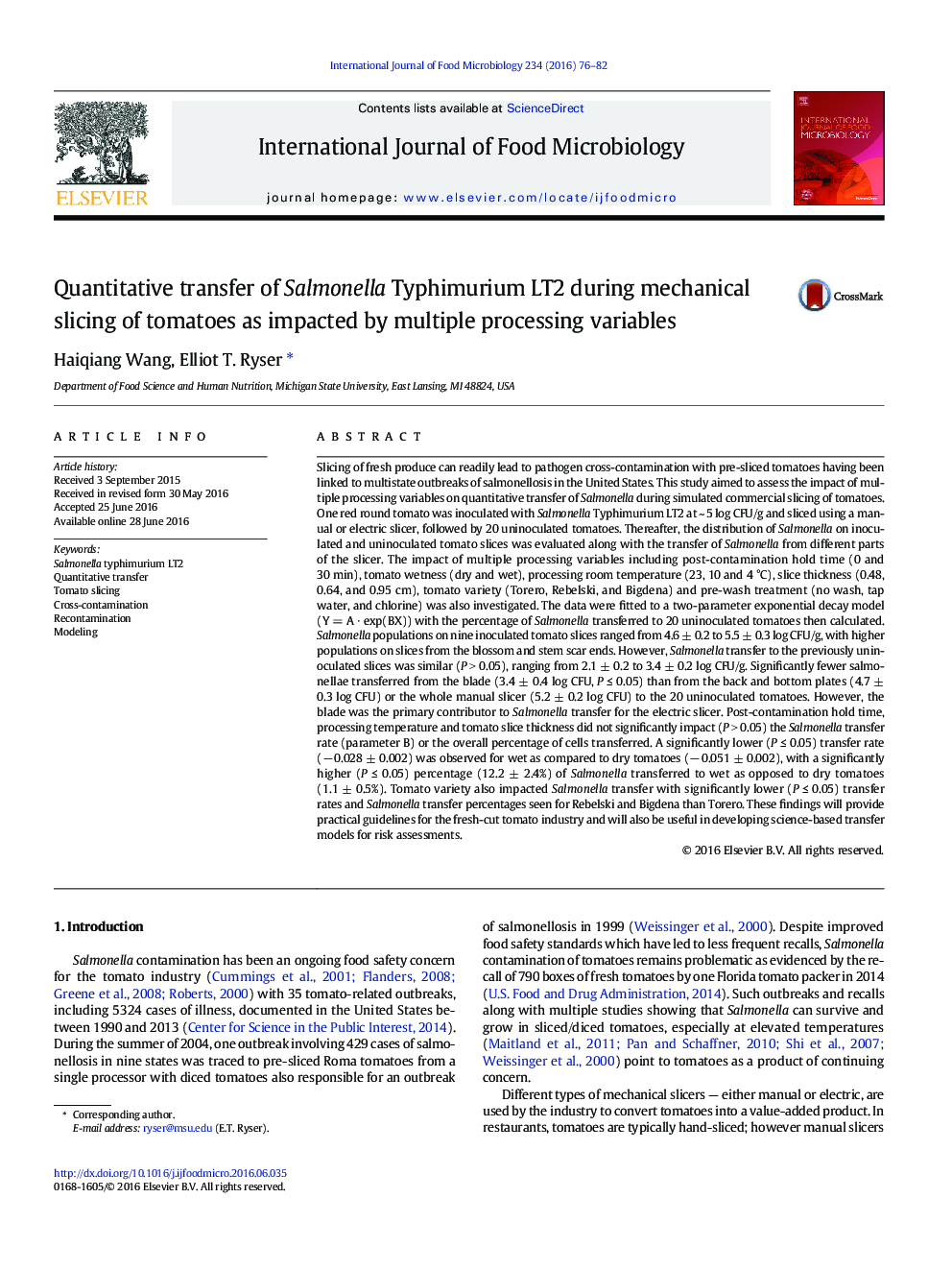 Quantitative transfer of Salmonella Typhimurium LT2 during mechanical slicing of tomatoes as impacted by multiple processing variables