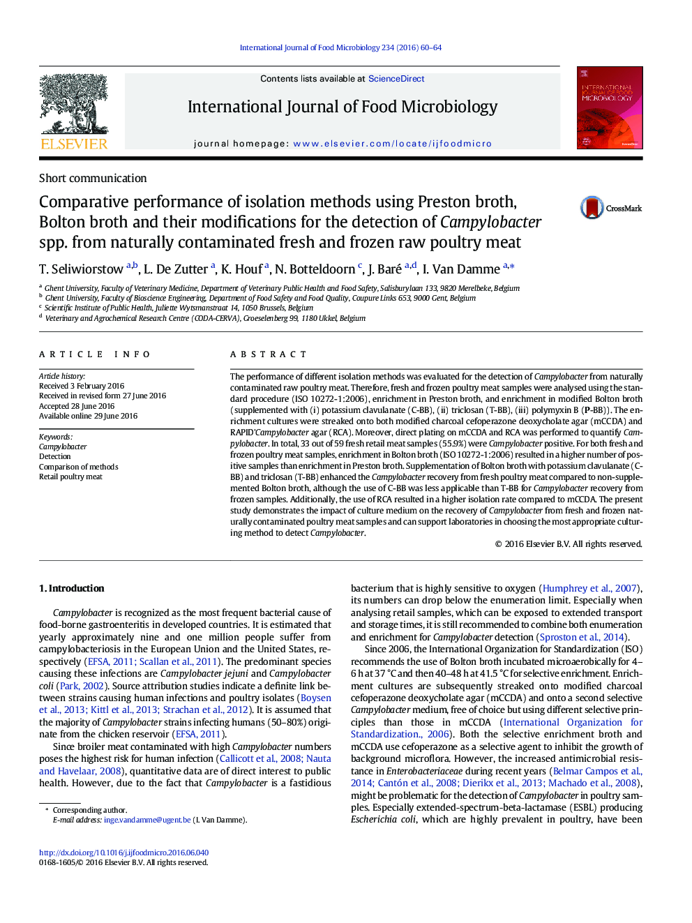 Comparative performance of isolation methods using Preston broth, Bolton broth and their modifications for the detection of Campylobacter spp. from naturally contaminated fresh and frozen raw poultry meat