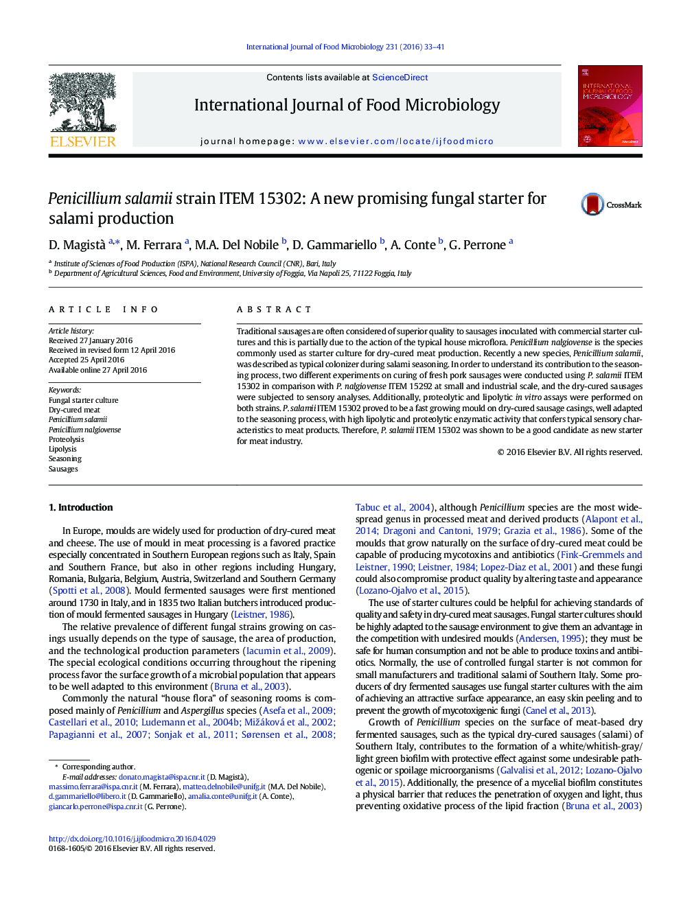 Penicillium salamii strain ITEM 15302: A new promising fungal starter for salami production