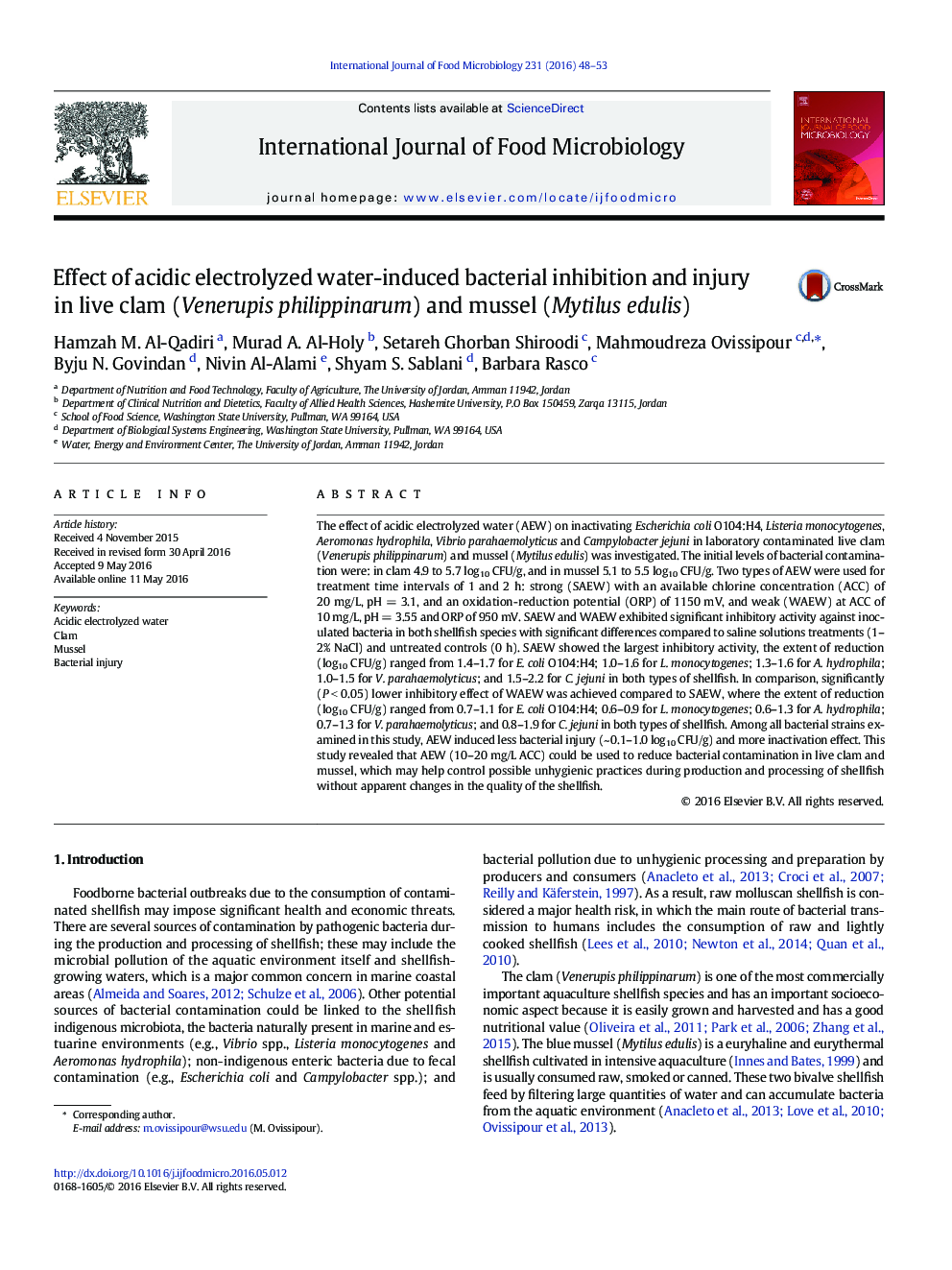 Effect of acidic electrolyzed water-induced bacterial inhibition and injury in live clam (Venerupis philippinarum) and mussel (Mytilus edulis)