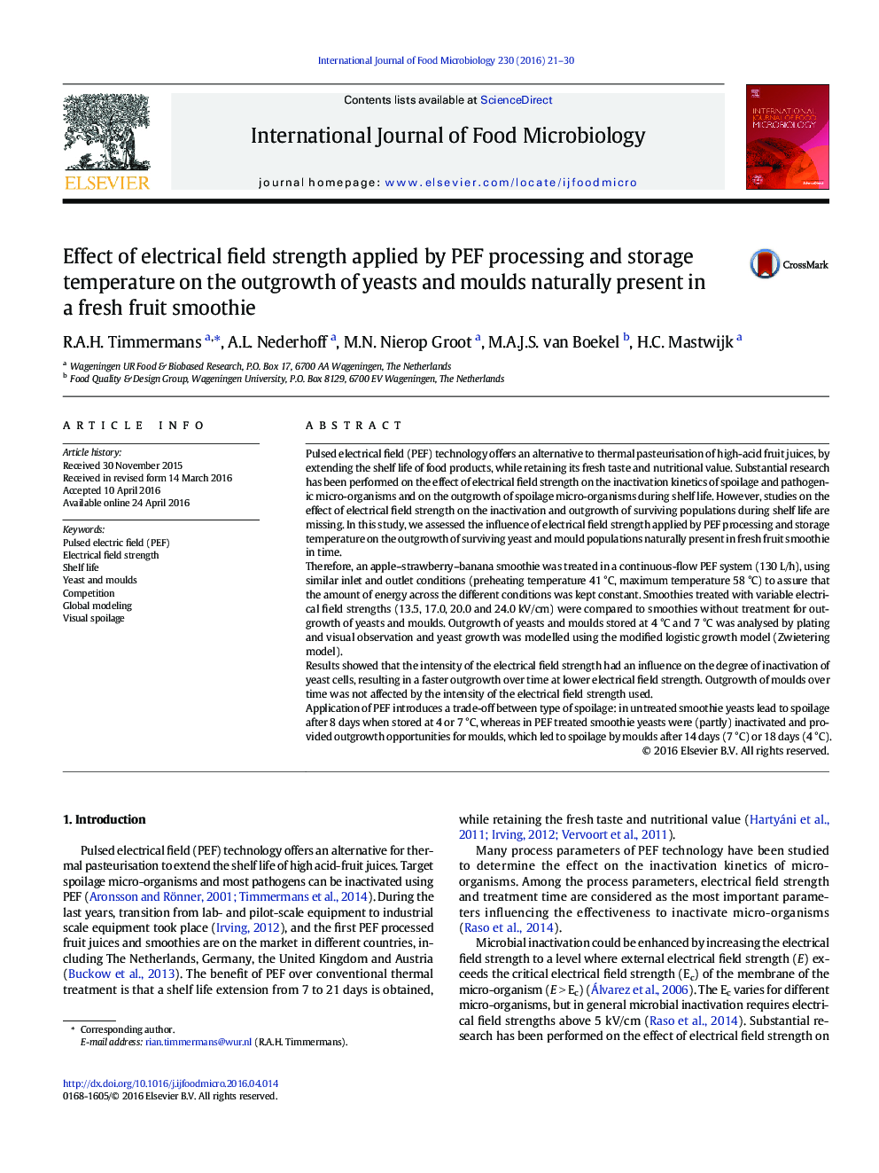 Effect of electrical field strength applied by PEF processing and storage temperature on the outgrowth of yeasts and moulds naturally present in a fresh fruit smoothie