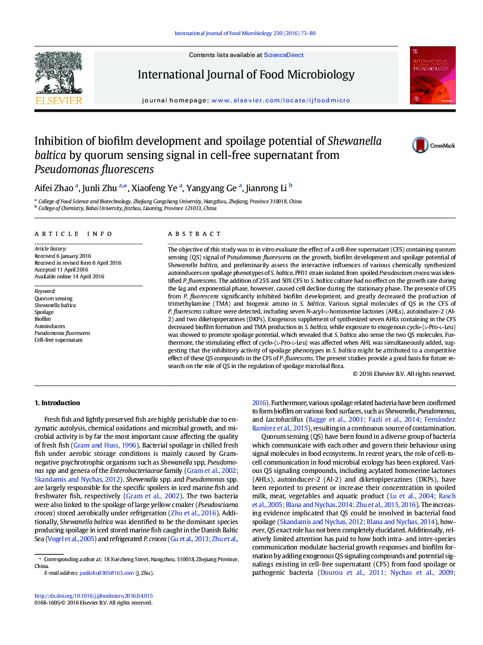 Inhibition of biofilm development and spoilage potential of Shewanella baltica by quorum sensing signal in cell-free supernatant from Pseudomonas fluorescens