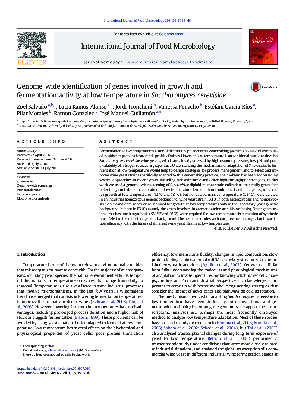 Genome-wide identification of genes involved in growth and fermentation activity at low temperature in Saccharomyces cerevisiae