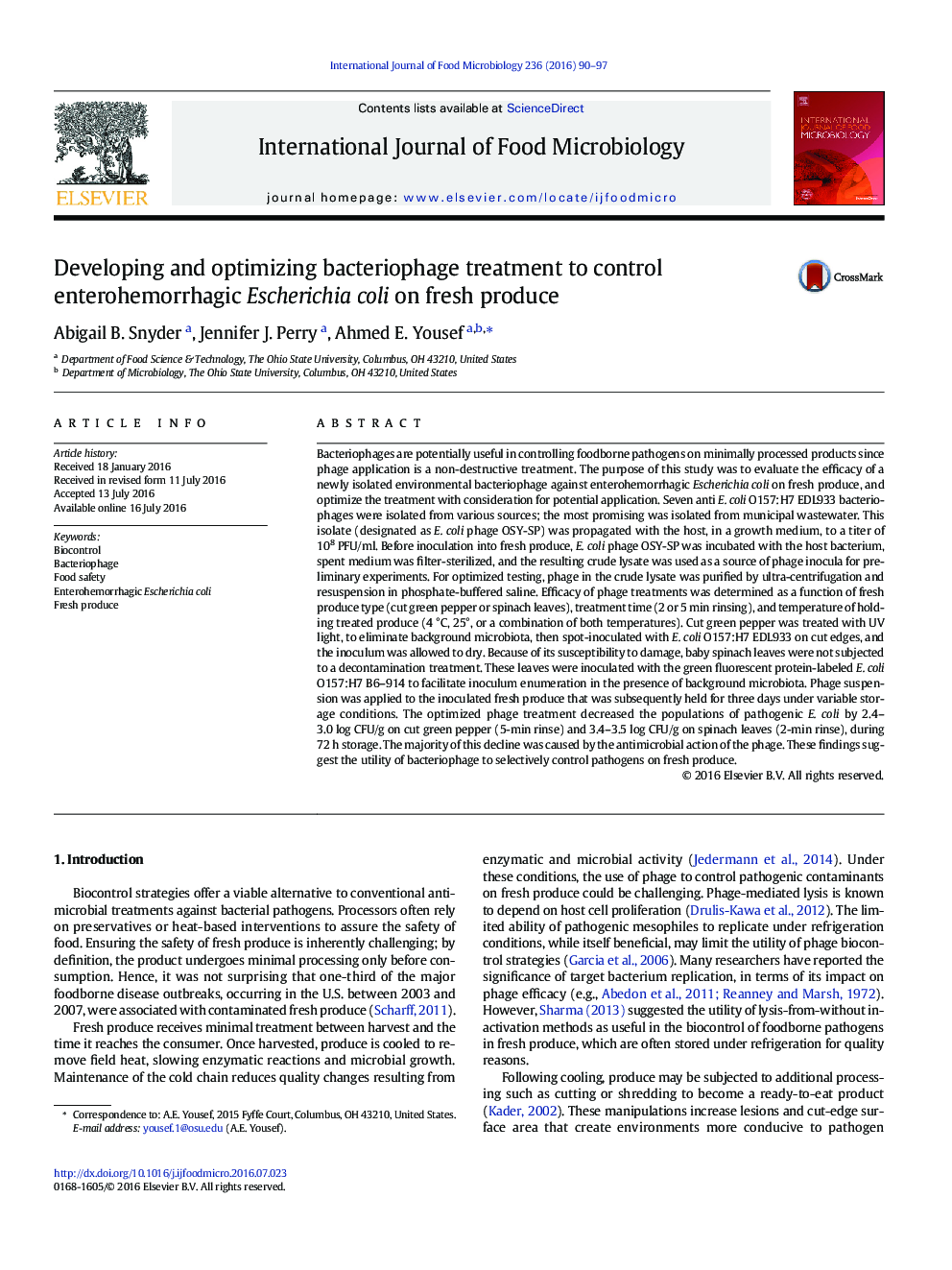 Developing and optimizing bacteriophage treatment to control enterohemorrhagic Escherichia coli on fresh produce