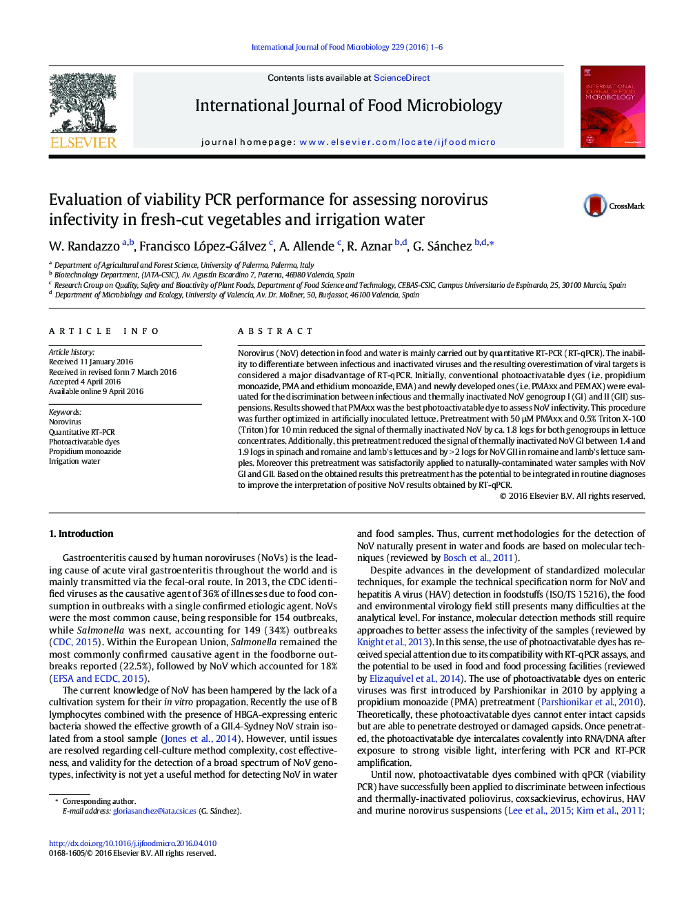 Evaluation of viability PCR performance for assessing norovirus infectivity in fresh-cut vegetables and irrigation water