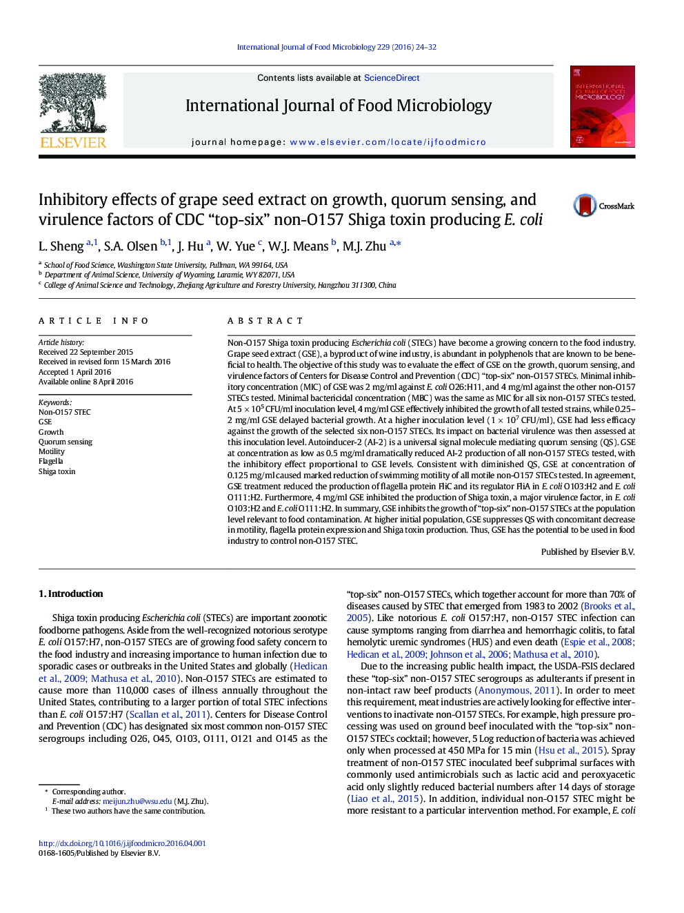 Inhibitory effects of grape seed extract on growth, quorum sensing, and virulence factors of CDC “top-six” non-O157 Shiga toxin producing E. coli