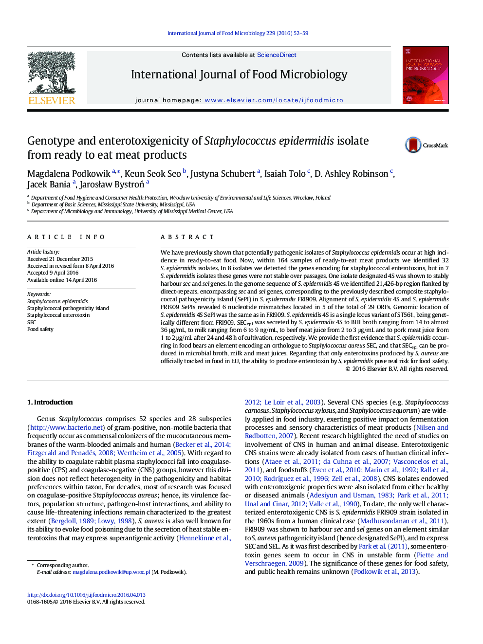 Genotype and enterotoxigenicity of Staphylococcus epidermidis isolate from ready to eat meat products