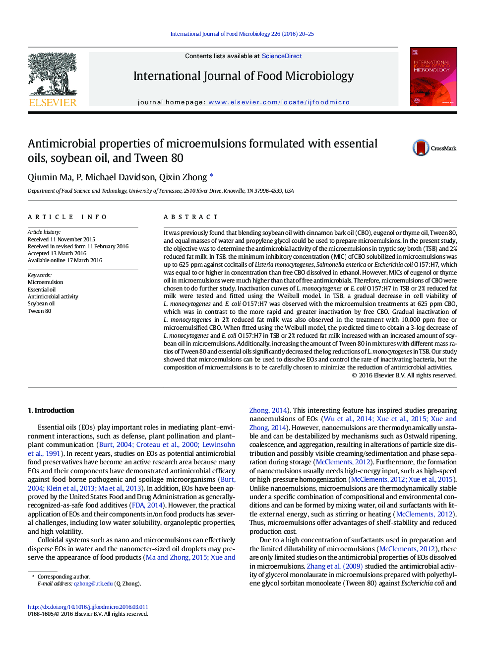 Antimicrobial properties of microemulsions formulated with essential oils, soybean oil, and Tween 80