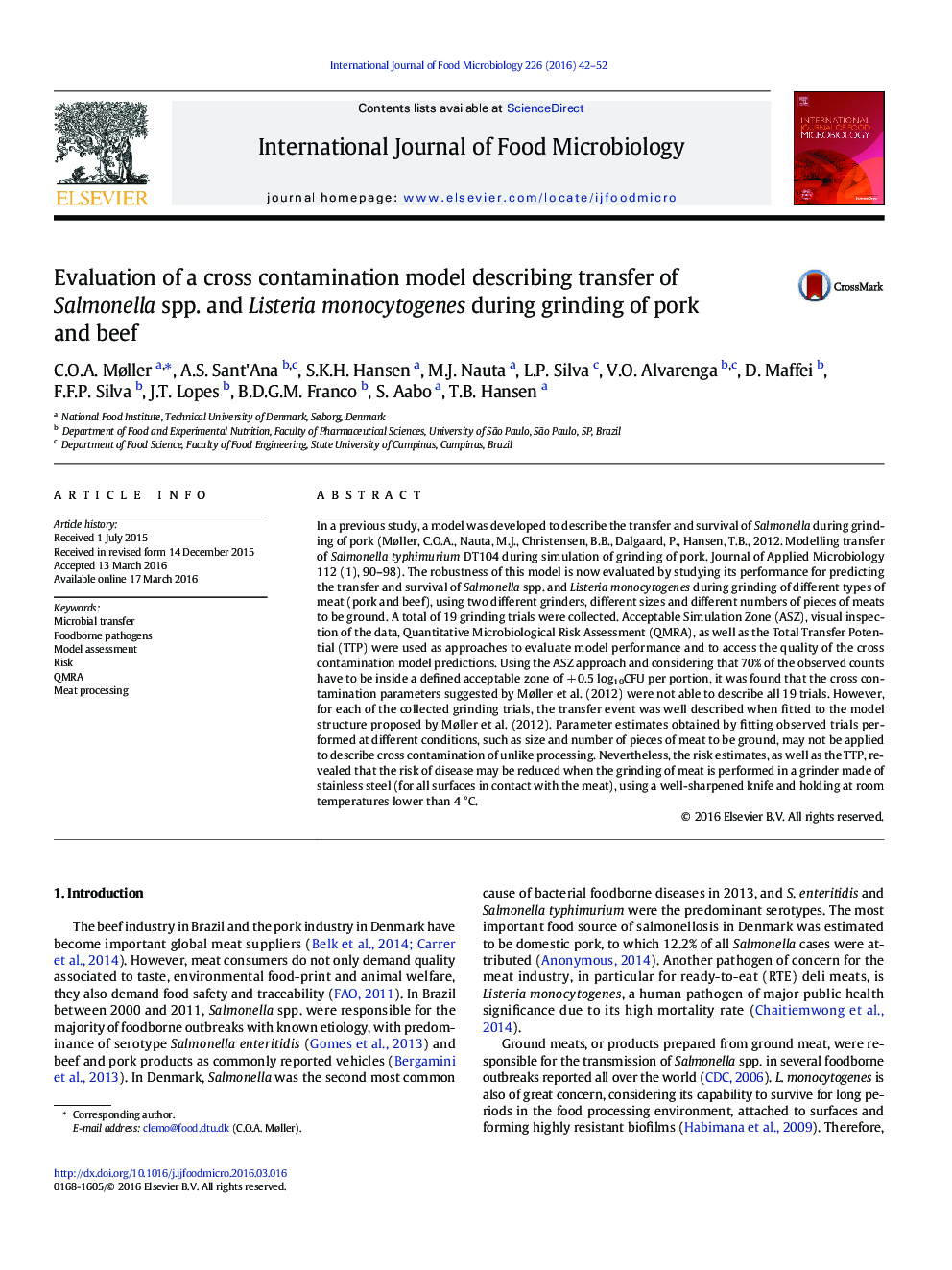 Evaluation of a cross contamination model describing transfer of Salmonella spp. and Listeria monocytogenes during grinding of pork and beef