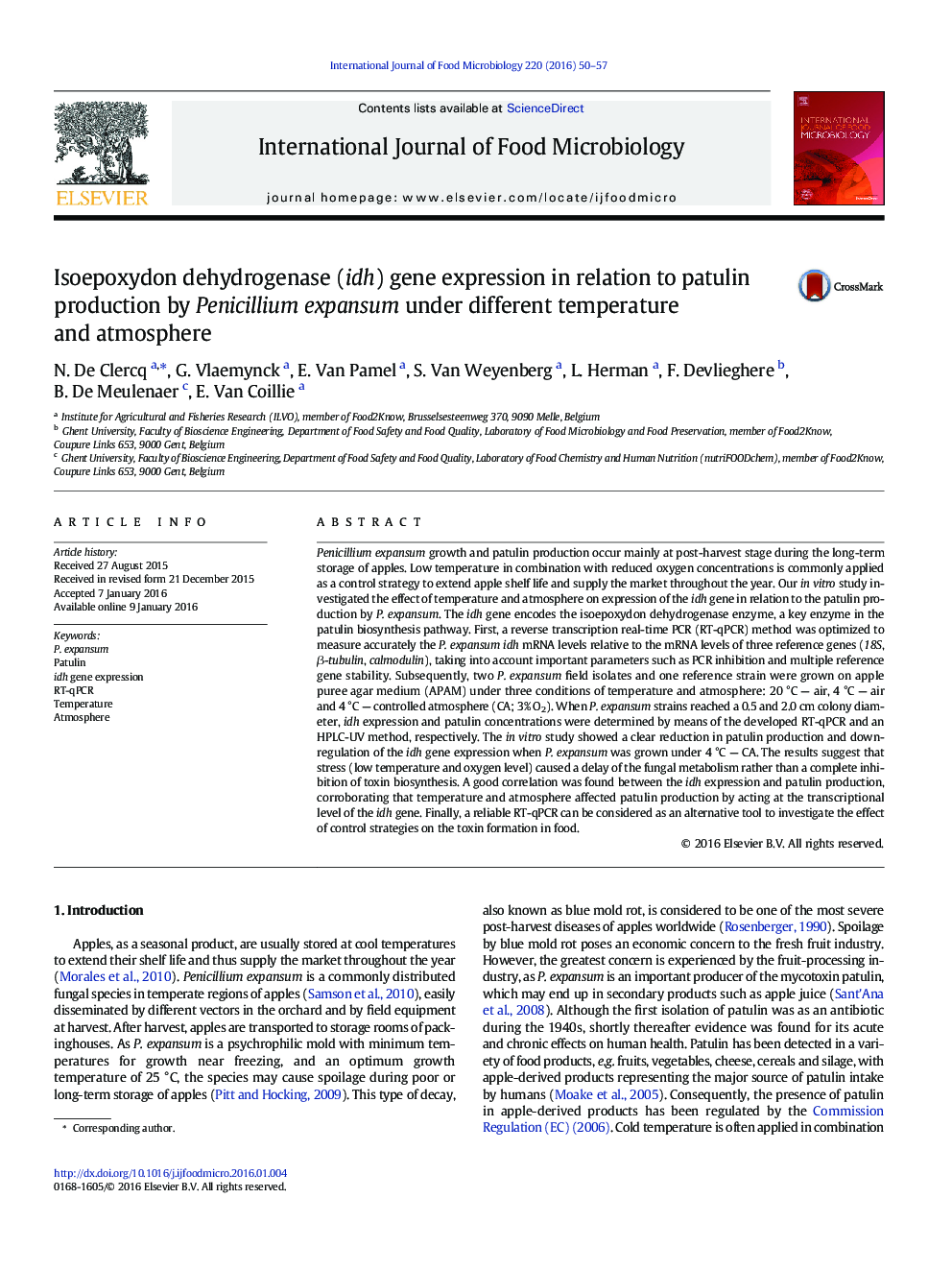 Isoepoxydon dehydrogenase (idh) gene expression in relation to patulin production by Penicillium expansum under different temperature and atmosphere