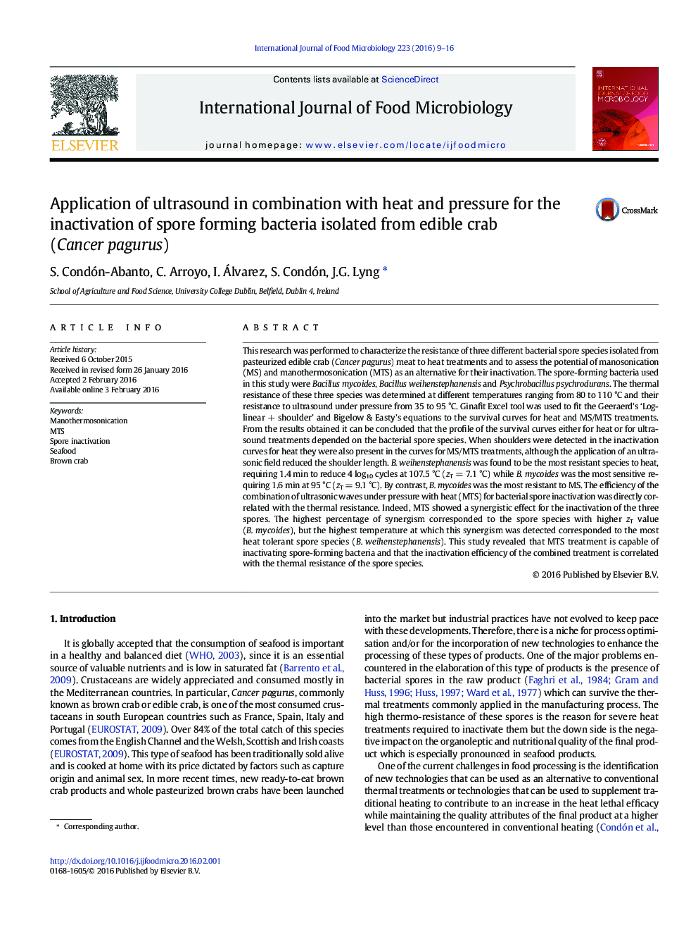 Application of ultrasound in combination with heat and pressure for the inactivation of spore forming bacteria isolated from edible crab (Cancer pagurus)