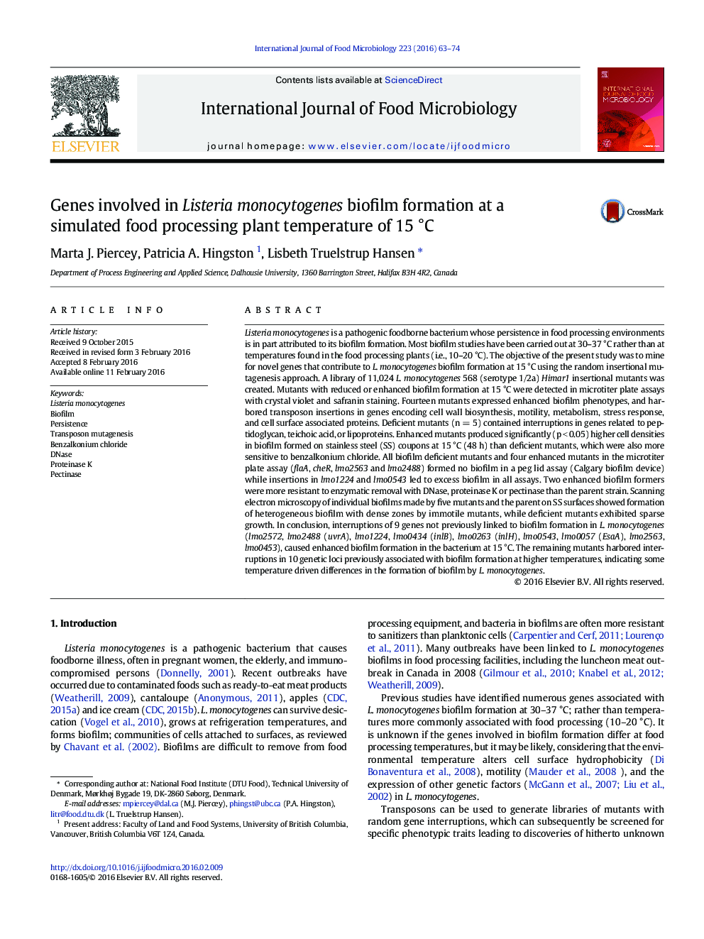 Genes involved in Listeria monocytogenes biofilm formation at a simulated food processing plant temperature of 15 °C