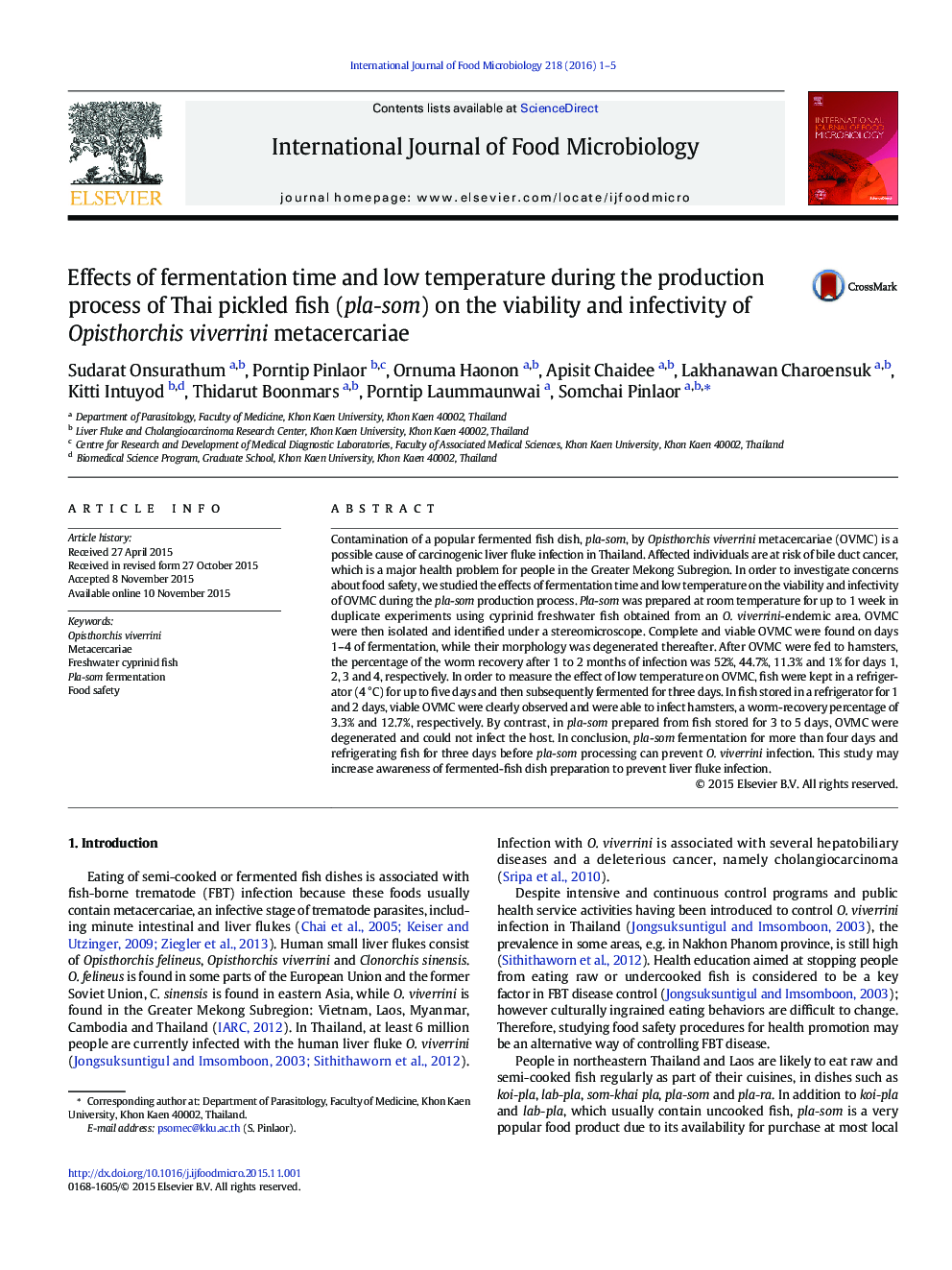 Effects of fermentation time and low temperature during the production process of Thai pickled fish (pla-som) on the viability and infectivity of Opisthorchis viverrini metacercariae