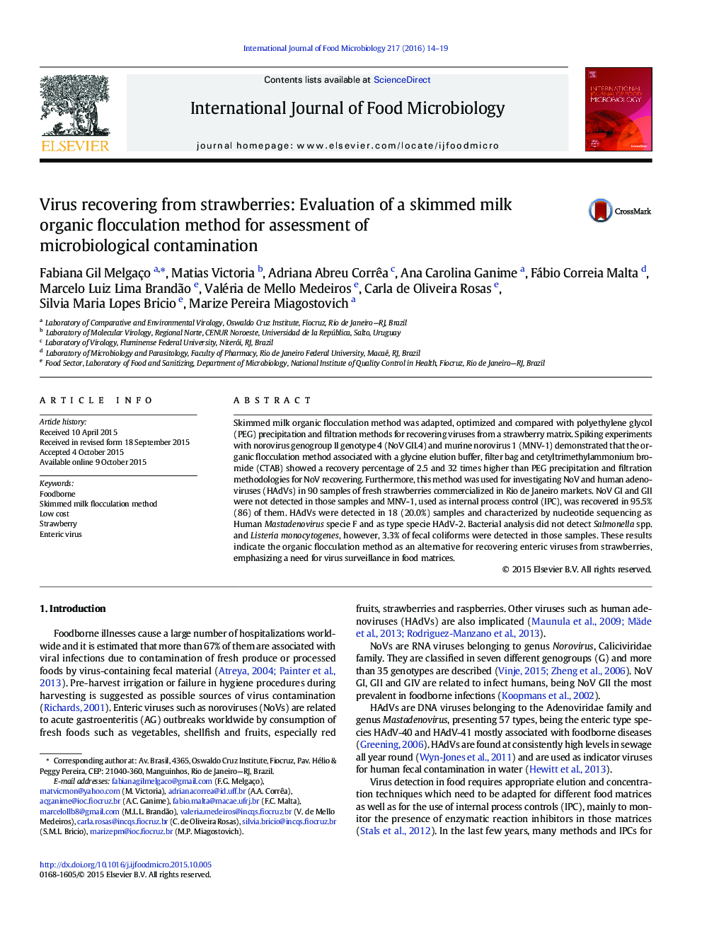 Virus recovering from strawberries: Evaluation of a skimmed milk organic flocculation method for assessment of microbiological contamination