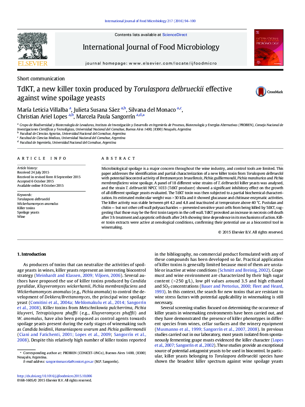 TdKT, a new killer toxin produced by Torulaspora delbrueckii effective against wine spoilage yeasts