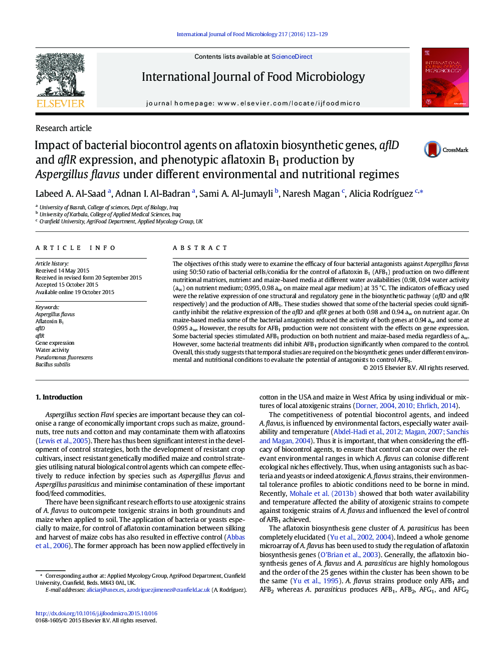 Impact of bacterial biocontrol agents on aflatoxin biosynthetic genes, aflD and aflR expression, and phenotypic aflatoxin B1 production by Aspergillus flavus under different environmental and nutritional regimes