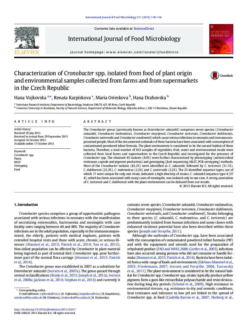 Characterization of Cronobacter spp. isolated from food of plant origin and environmental samples collected from farms and from supermarkets in the Czech Republic