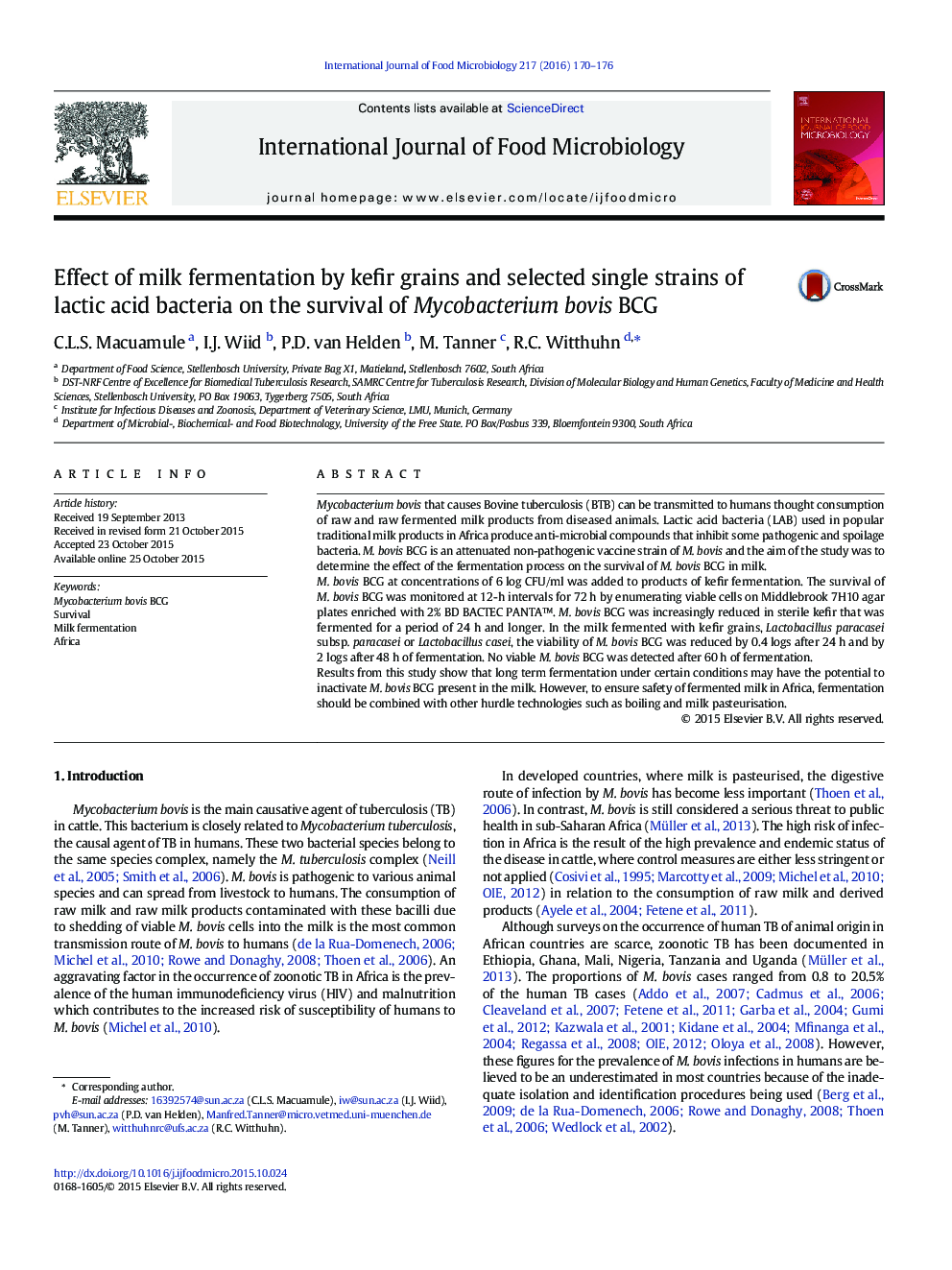 Effect of milk fermentation by kefir grains and selected single strains of lactic acid bacteria on the survival of Mycobacterium bovis BCG