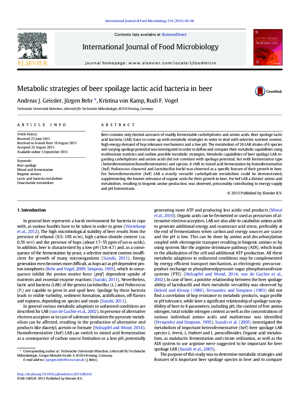 Metabolic strategies of beer spoilage lactic acid bacteria in beer