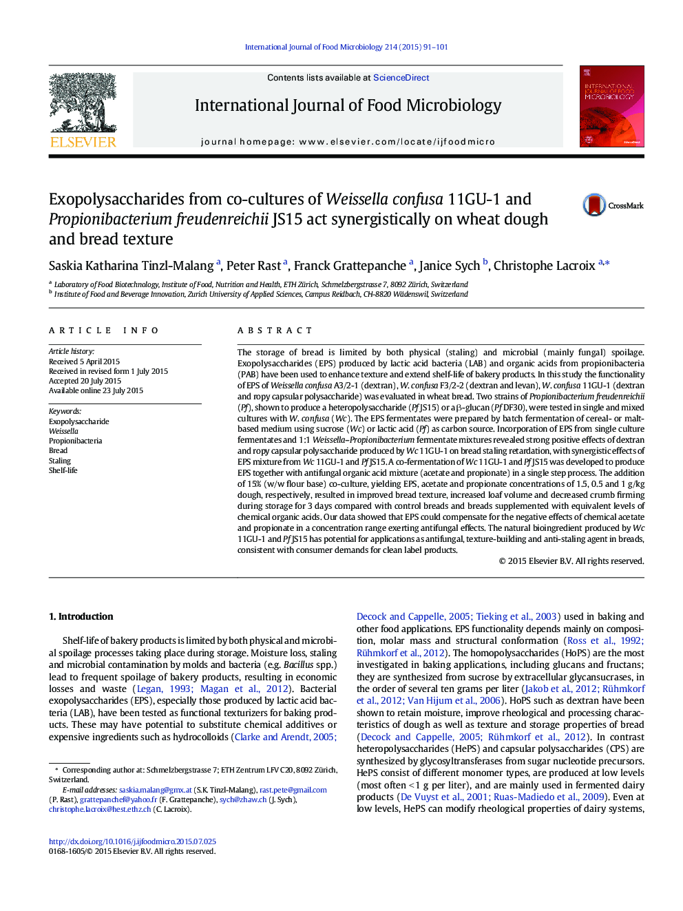 Exopolysaccharides from co-cultures of Weissella confusa 11GU-1 and Propionibacterium freudenreichii JS15 act synergistically on wheat dough and bread texture