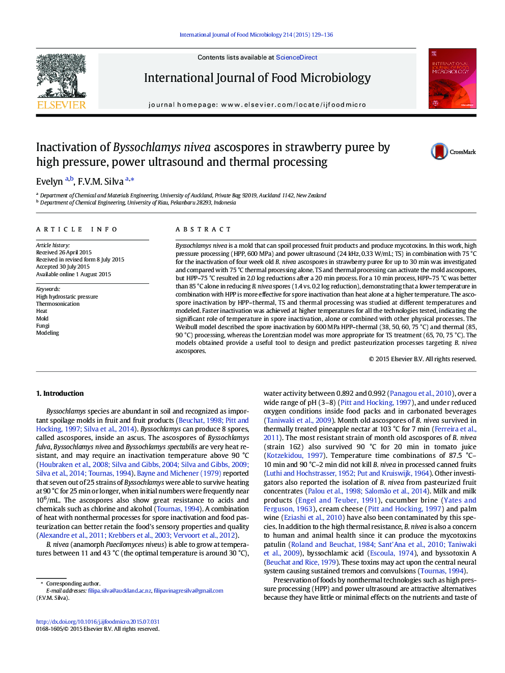 Inactivation of Byssochlamys nivea ascospores in strawberry puree by high pressure, power ultrasound and thermal processing