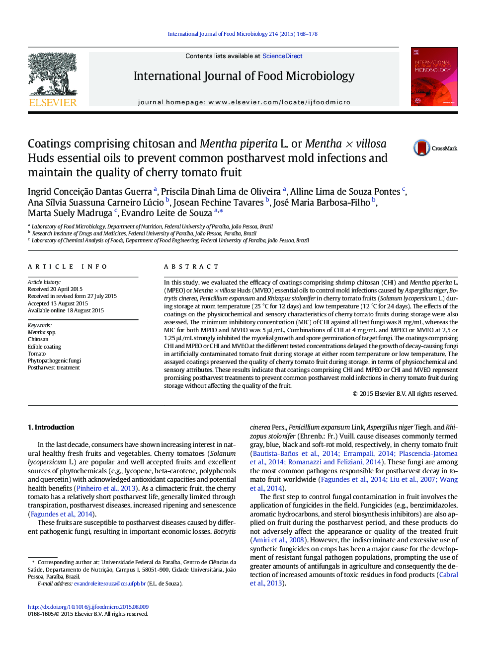 Coatings comprising chitosan and Mentha piperita L. or Mentha × villosa Huds essential oils to prevent common postharvest mold infections and maintain the quality of cherry tomato fruit