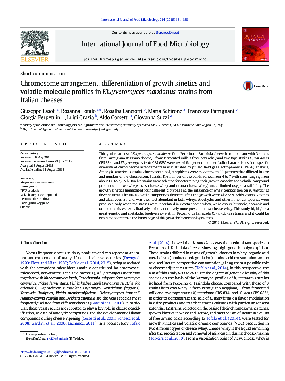 Chromosome arrangement, differentiation of growth kinetics and volatile molecule profiles in Kluyveromyces marxianus strains from Italian cheeses