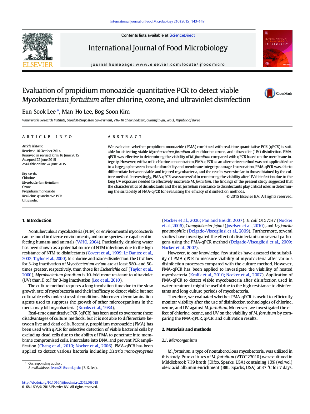 Evaluation of propidium monoazide-quantitative PCR to detect viable Mycobacterium fortuitum after chlorine, ozone, and ultraviolet disinfection