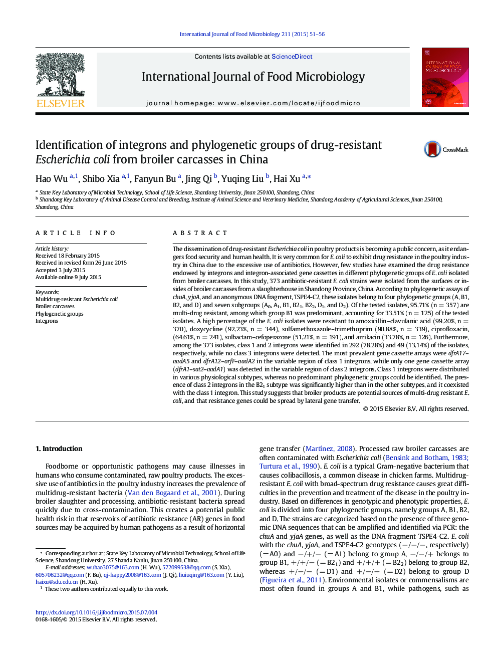 Identification of integrons and phylogenetic groups of drug-resistant Escherichia coli from broiler carcasses in China