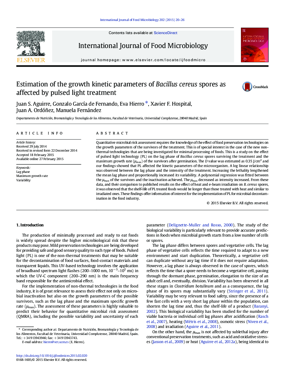 Estimation of the growth kinetic parameters of Bacillus cereus spores as affected by pulsed light treatment