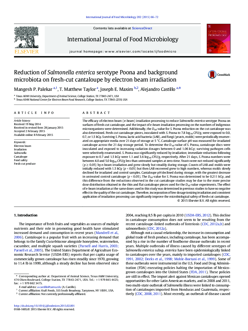 Reduction of Salmonella enterica serotype Poona and background microbiota on fresh-cut cantaloupe by electron beam irradiation