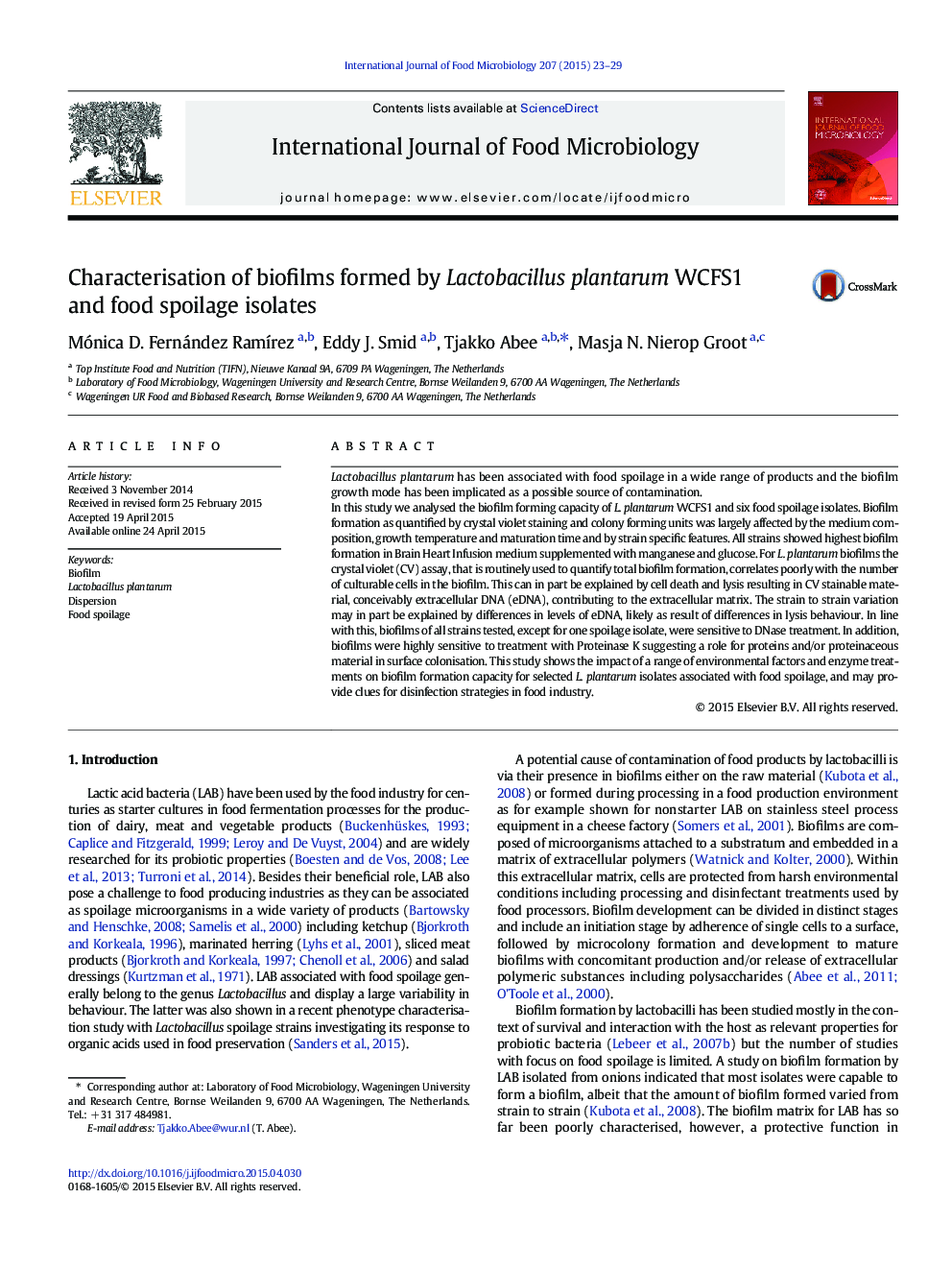 Characterisation of biofilms formed by Lactobacillus plantarum WCFS1 and food spoilage isolates