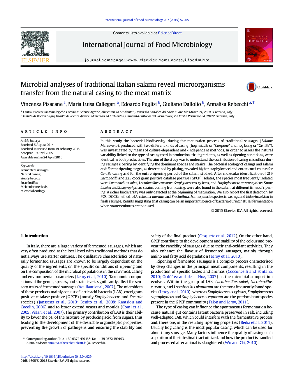 Microbial analyses of traditional Italian salami reveal microorganisms transfer from the natural casing to the meat matrix