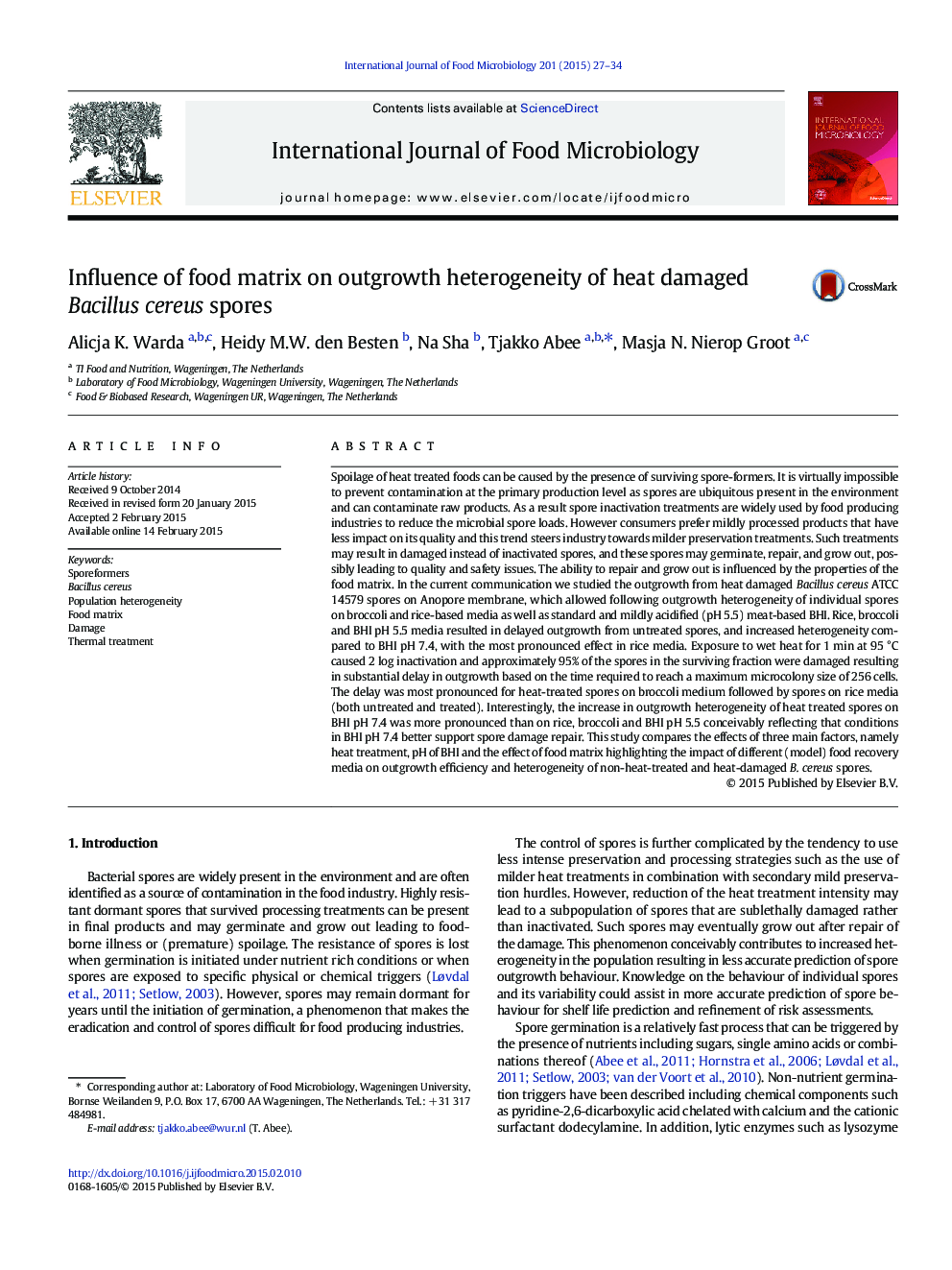 Influence of food matrix on outgrowth heterogeneity of heat damaged Bacillus cereus spores