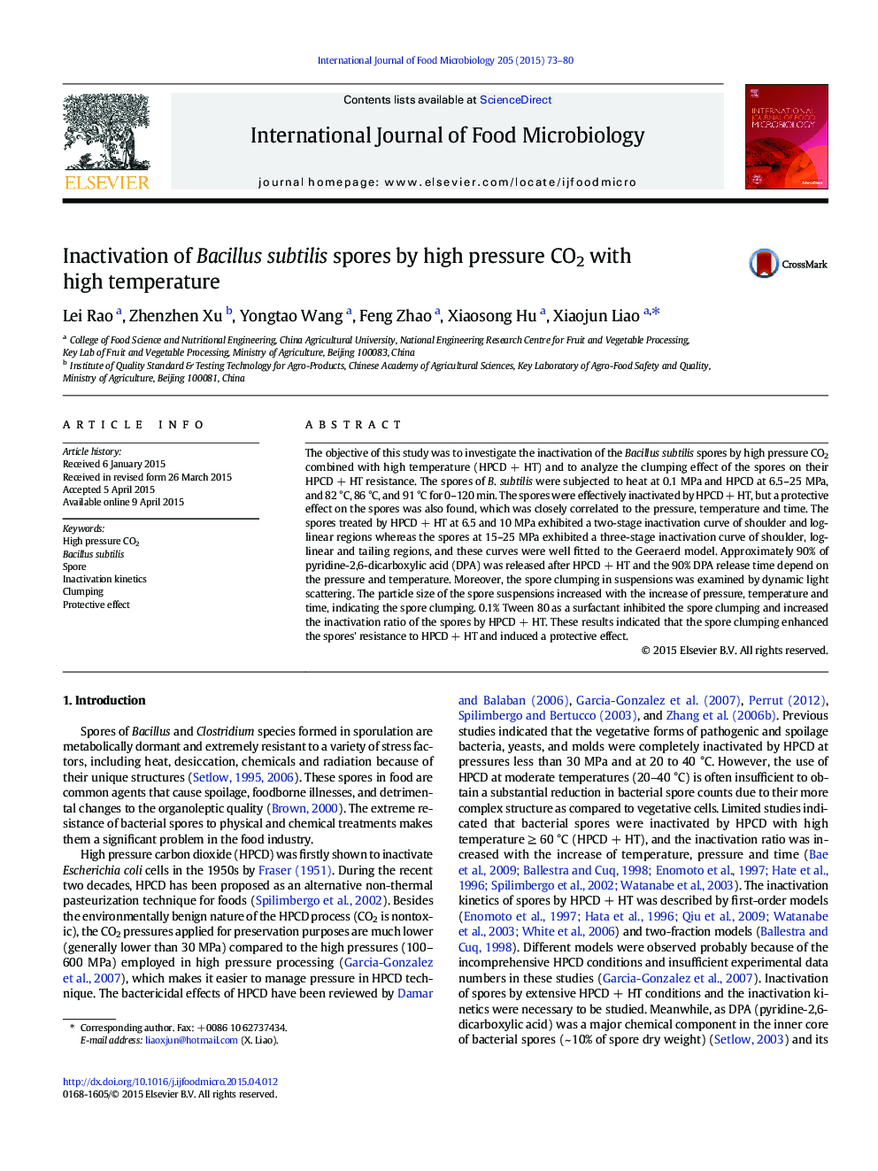 Inactivation of Bacillus subtilis spores by high pressure CO2 with high temperature