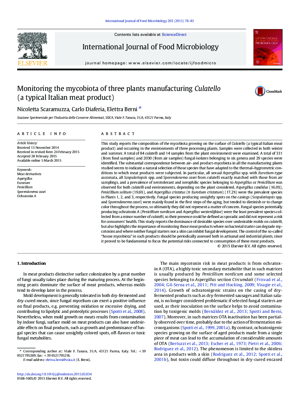 Monitoring the mycobiota of three plants manufacturing Culatello (a typical Italian meat product)