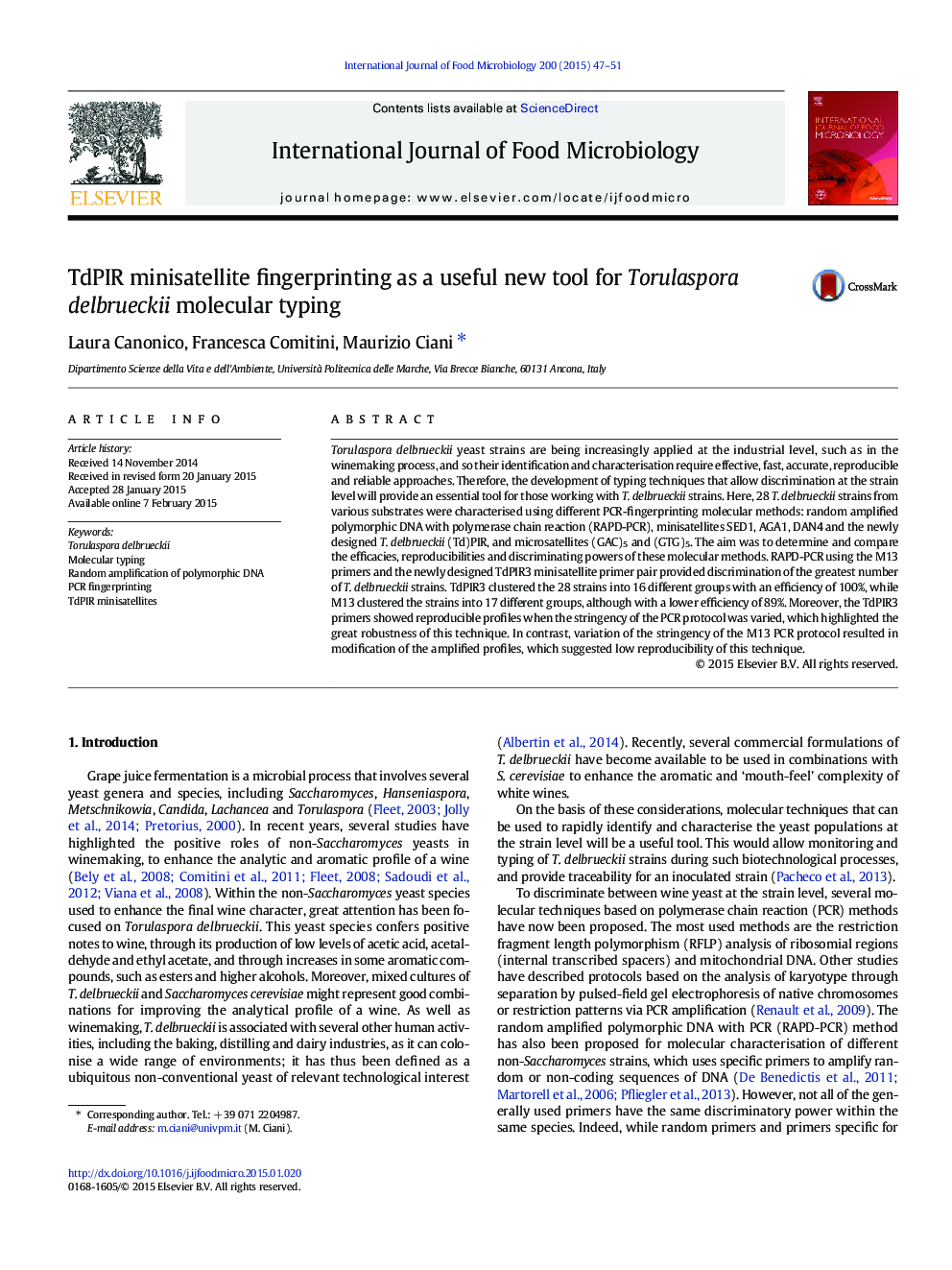 TdPIR minisatellite fingerprinting as a useful new tool for Torulaspora delbrueckii molecular typing