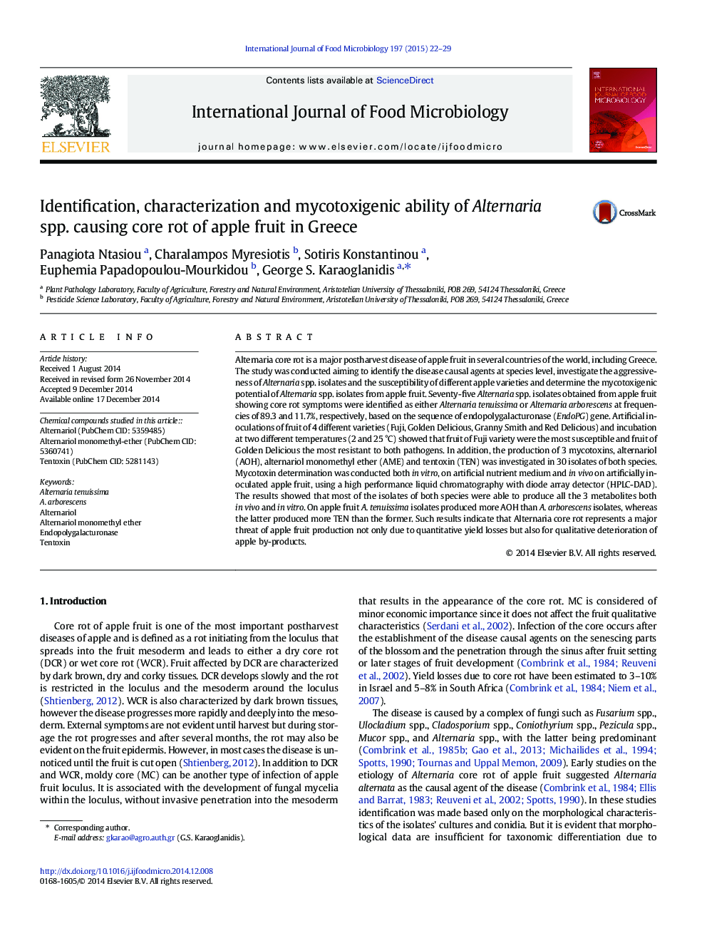 Identification, characterization and mycotoxigenic ability of Alternaria spp. causing core rot of apple fruit in Greece