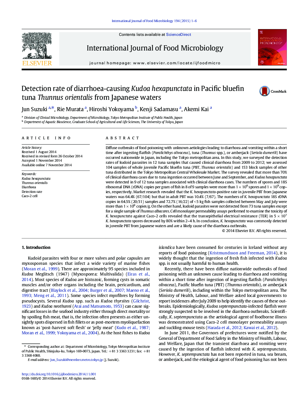 Detection rate of diarrhoea-causing Kudoa hexapunctata in Pacific bluefin tuna Thunnus orientalis from Japanese waters