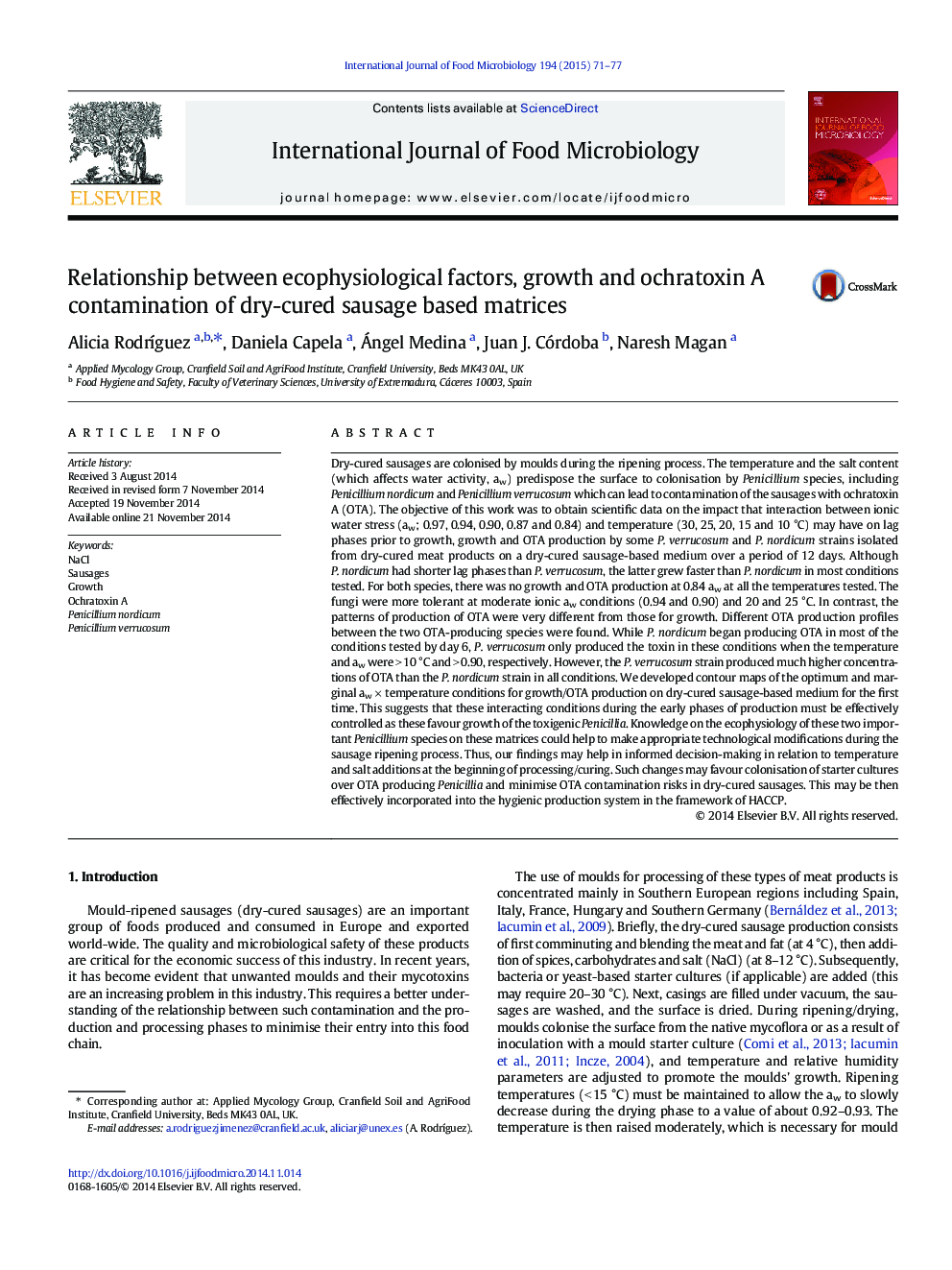 Relationship between ecophysiological factors, growth and ochratoxin A contamination of dry-cured sausage based matrices