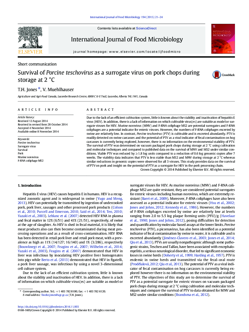 Survival of Porcine teschovirus as a surrogate virus on pork chops during storage at 2 °C