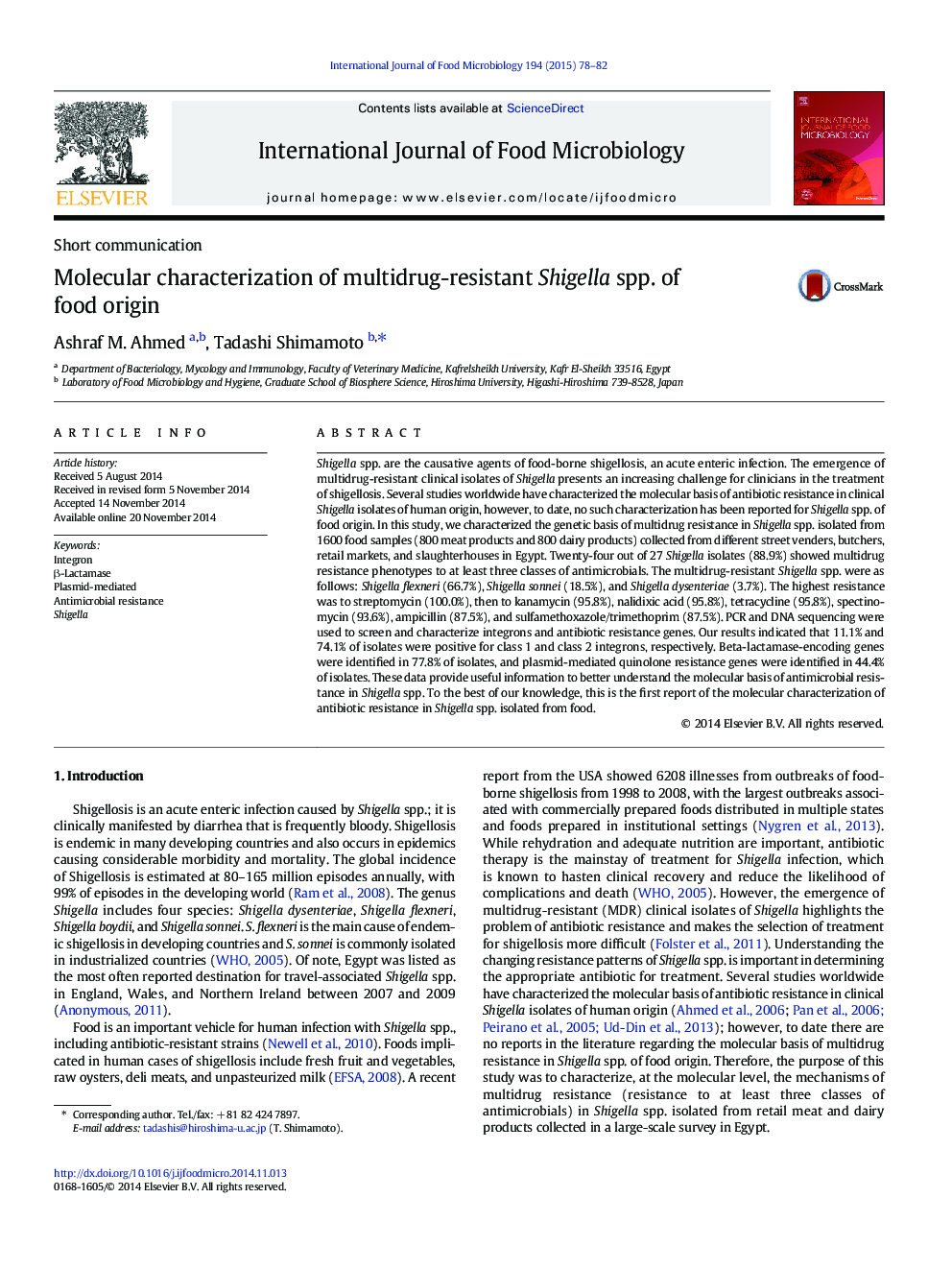 Molecular characterization of multidrug-resistant Shigella spp. of food origin