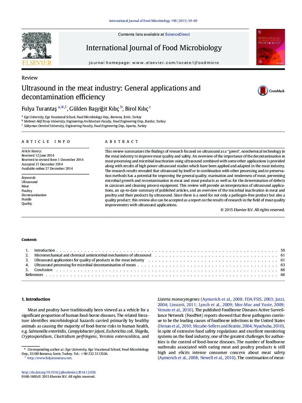 Ultrasound in the meat industry: General applications and decontamination efficiency