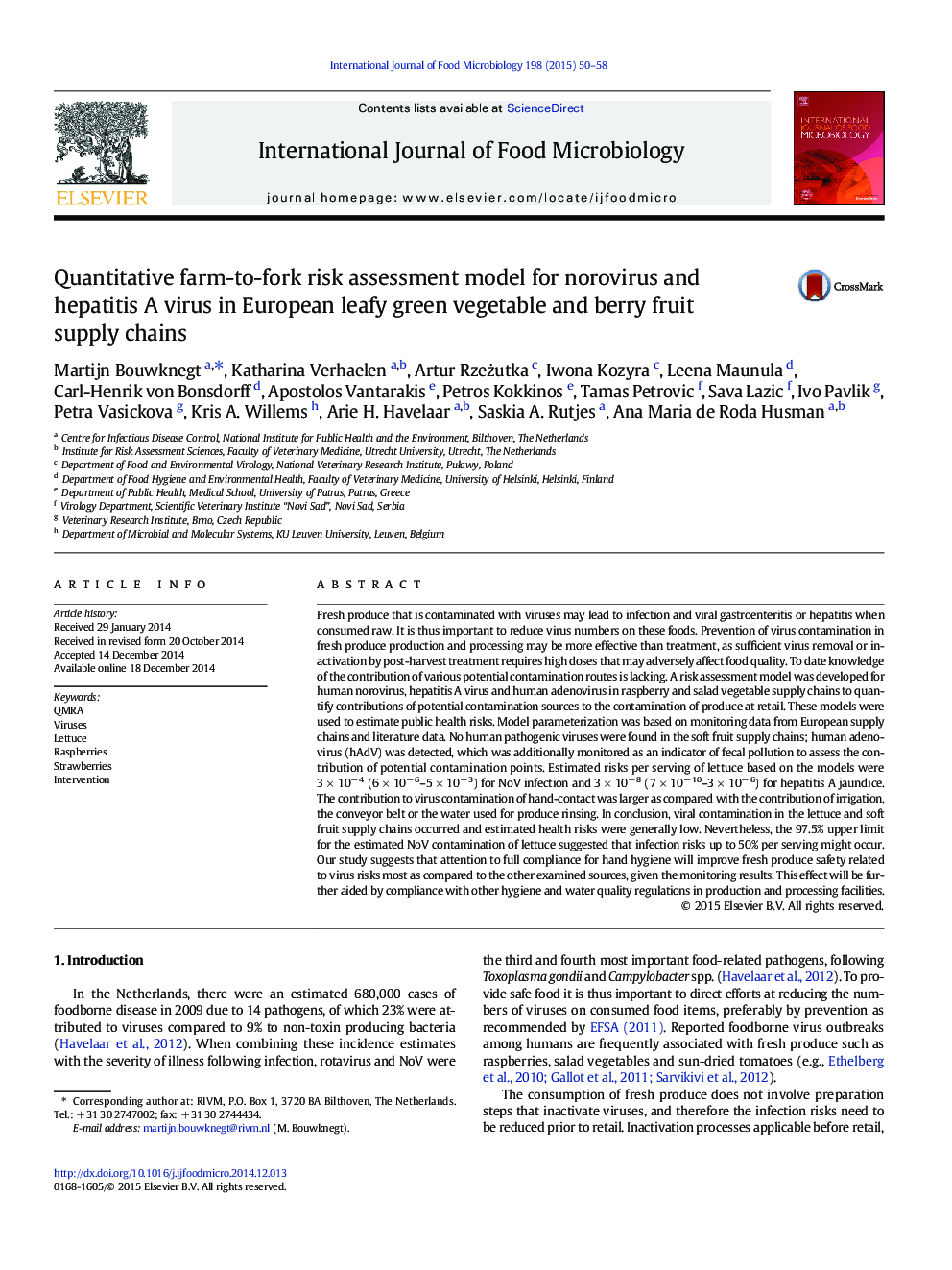 Quantitative farm-to-fork risk assessment model for norovirus and hepatitis A virus in European leafy green vegetable and berry fruit supply chains