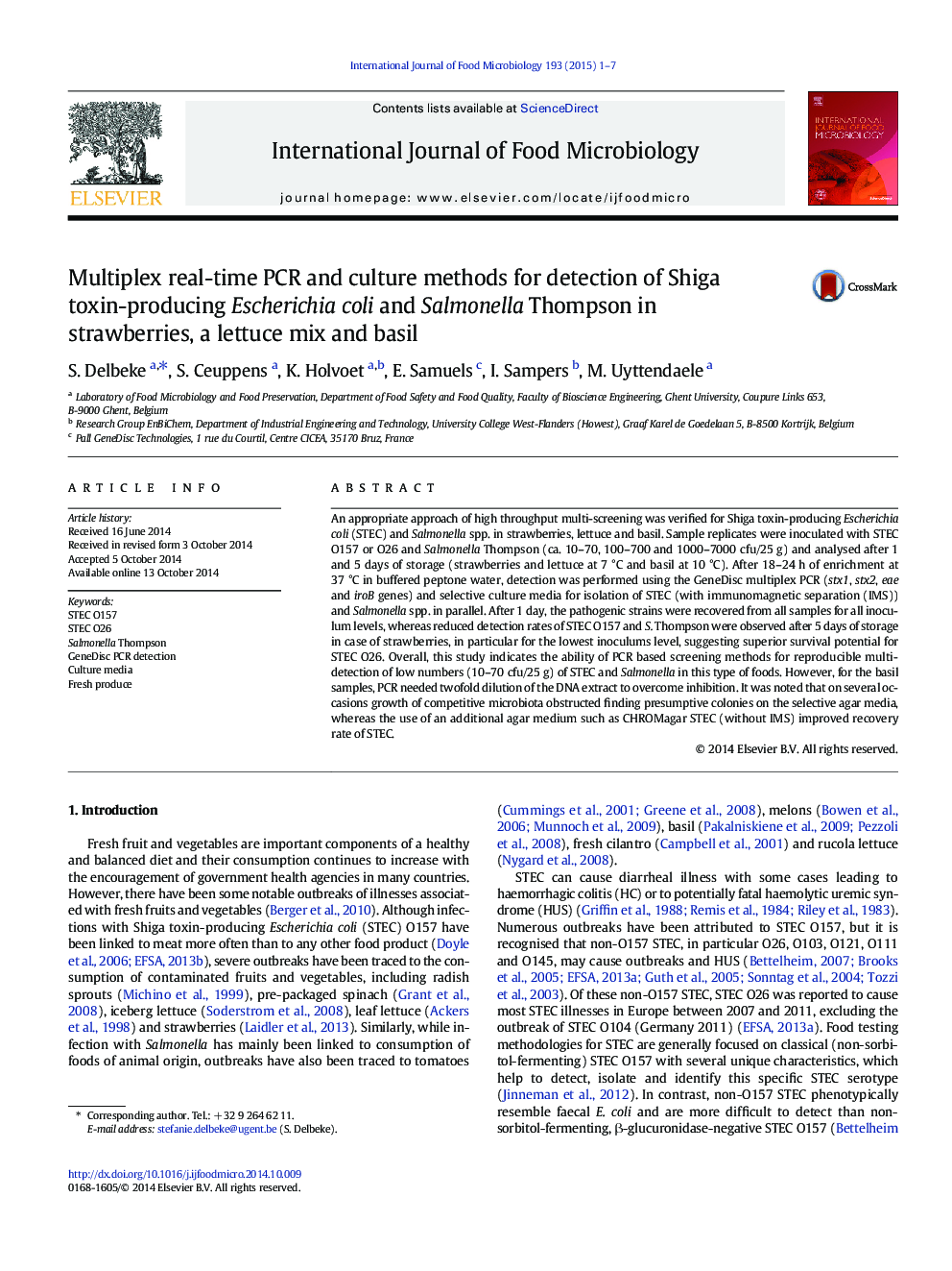 Multiplex real-time PCR and culture methods for detection of Shiga toxin-producing Escherichia coli and Salmonella Thompson in strawberries, a lettuce mix and basil