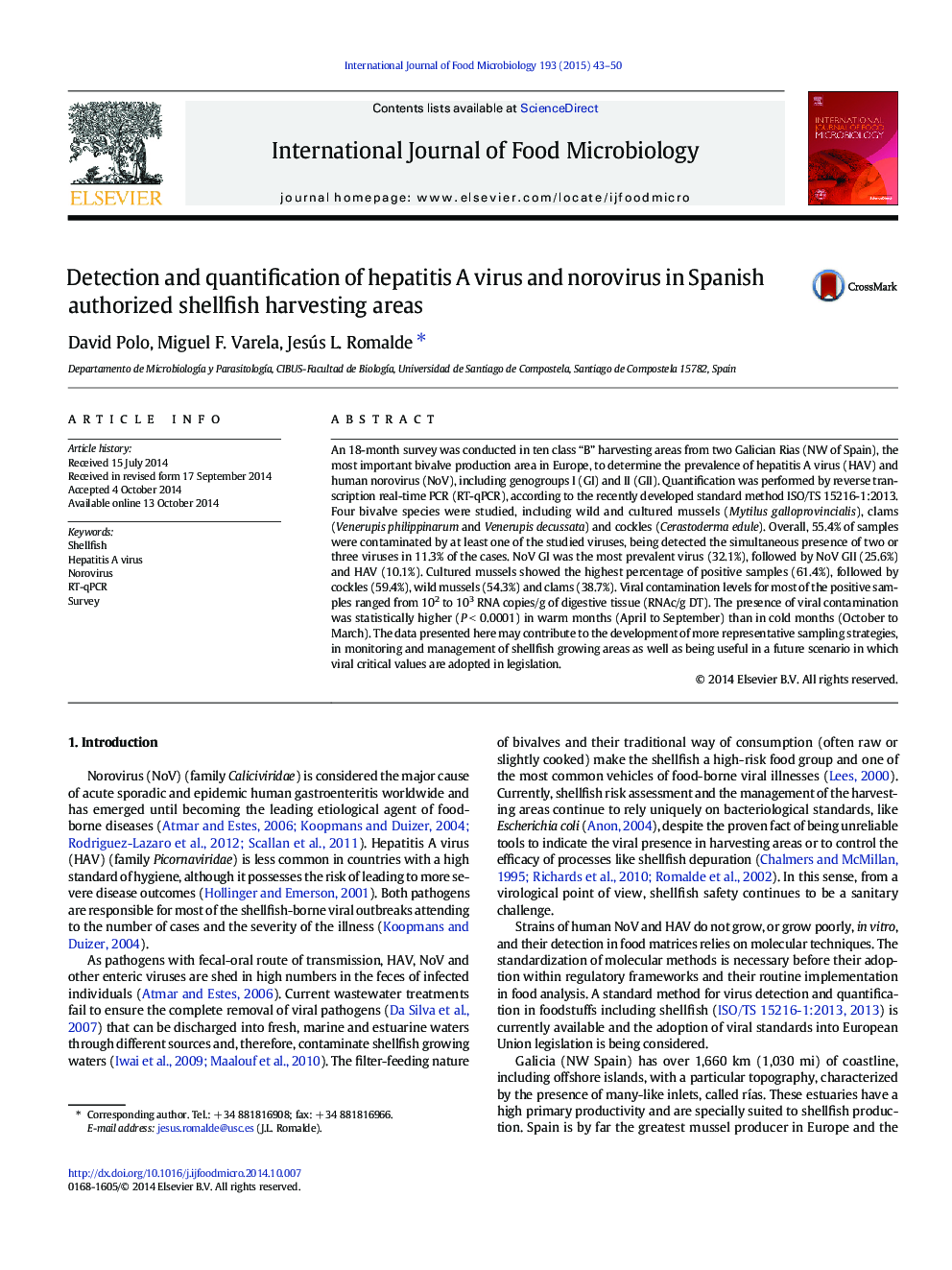 Detection and quantification of hepatitis A virus and norovirus in Spanish authorized shellfish harvesting areas